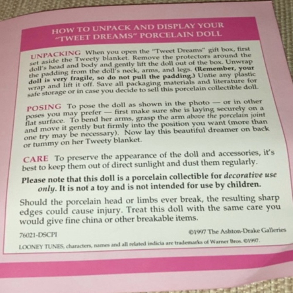 NEW “TWEET DREAMS" #76021 ASHTON-DRAKE ORIGINAL BOX & CERTIFICATE OF AUTH - Picture 16 of 17